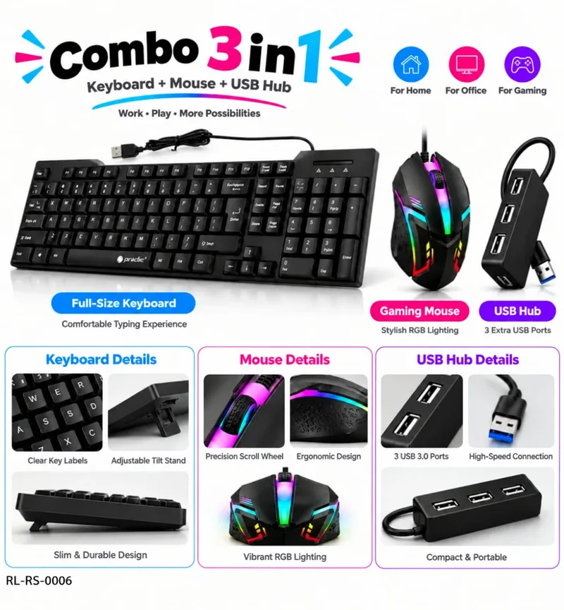 3-in-1 Gaming Combo (Keyboard + Mouse + USB Hub)